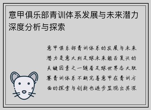 意甲俱乐部青训体系发展与未来潜力深度分析与探索